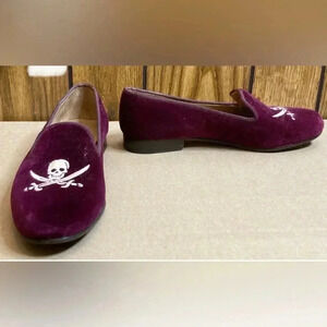 RARE woman STUBBS & WOOTTON Red Maroon Velvet Skull Slipper Loafer Shoes Sz 6.5